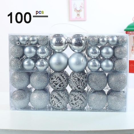 100 boules de Noël argentées de différentes tailles, boules de sapin de Noël en plastique incassable, Noël (1/5)