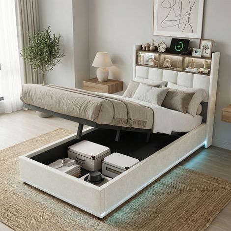Lit simple 90x200 cm, lit coffre, tête de lit avec rangement compartiments, charge USB/C, sommier à lattes, velours, convient aux enfants, adultes et adolescents - Blanc (1/5)