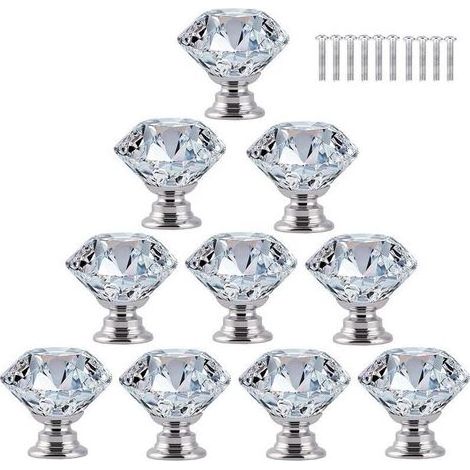 10 pcs Poignée Bouton de Porte Placard Meuble Tiroir Armoire, 30mm Diamant de Verre Cristal avec Vis - Transparent (1/5)