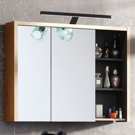 Spiegelschrank mit LED-Beleuchtung 100 cm DANZIG-56 Shetland Eiche Nb. mit Graphitgrau, B/H/T: ca. 100/75-80/18 cm (1/4)