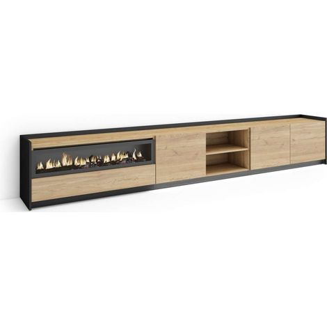 Mueble TV Casares-02 de 310x50x37 cm con chimenea y luces LED, color roble y negro (1/4)