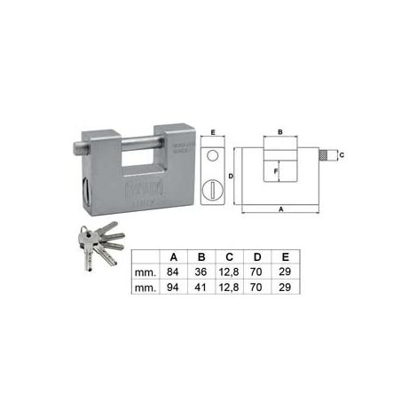 LUCCHETTO RETTANGOLARE MONOBLOCCO IN ACCIAIO 300- - mm.94 (300-94S) - 1 pezzi WALLY