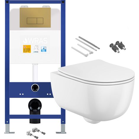 Gloss White Rimless Wall Hung Toilet with 1.10m Concealed Cistern Frame Set - Brushed Gold Plate