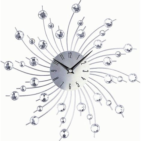 Horloge murale soleil avec perles de diamant strass adaptée à la cuisine au salon et chambre coucher 33 cm Argent (1/5)