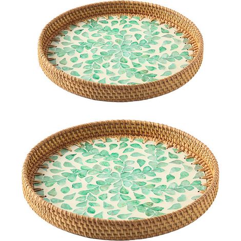 2 Plateaux en Rotin Tressé avec Coquillages Colorés pour Salon, Plateau à Fruits et Snacks pour Table Basse, Dessous de Plat Décoratif (Lot de 2) (1/5)