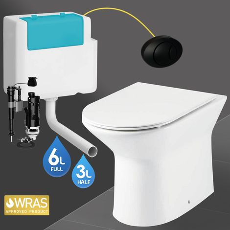 Rimless D Shape Back to Wall Toilet Pan, Seat & BTW Concealed Cistern with Dual Flush Button Plate (1/4)