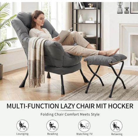 Ohrensessel mit Hocker, Lazy Chair, Moderner Sessel Wohnzimmer mit Seitentasche & Fußstütze, Lesesessel, Bequem Loungesessel für Wohnzimmer, Schlafzimmer, Schlafsaal, Büro (Dunkelgrau) (1/5)