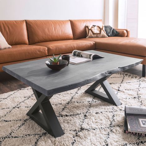 Table basse en acacia gris et acier anthracite avec pietement en X (1/3)