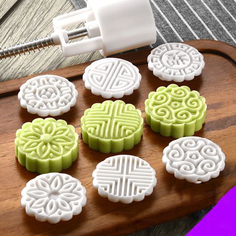 Moule À Mooncake - Presse À Pâtisserie Manuelle 50 G - Pour Lune Cake, Biscuits Et Pâtisseries - Ensemble Avec Tampons Décors - Blanc (1/5)