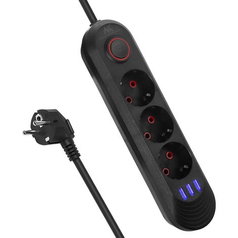 MACLEAN MCE394/MCE395 MULTIPRISE USB 2500W 1,5M COMPACT AVEC INTERRUPTEUR, PORTS USB ÉCLAIRÉS À 45° MONTAGE MURAL (NOIR, 3