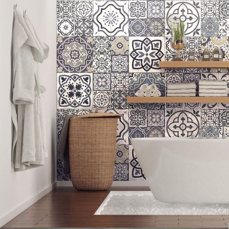 Stickers adhésifs carrelages, Sticker Autocollant Carreaux de ciment - carrelage mural salle de bain et cuisine, Carreaux de ciment adhésif mural - azulejos 10 x 10 cm - 60 pièces (1/5)