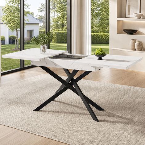 Table à manger 160×80×76.5cm, rectangulaire extensible, blanc, pour 6-8 personnes, pieds en métal noir, structure en MDF (1/5)