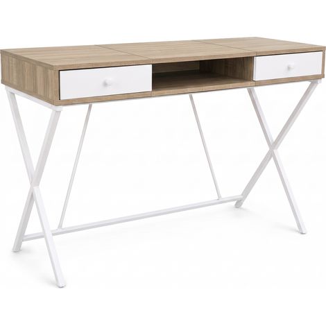 Computertisch Schreibtisch Industrial Eiche Sonoma CROSSLINE 120 cm 2 Schubladen 1 Ablage Weiße Beine (1/5)