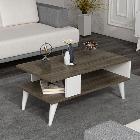 Tavolino Basso da Divano 'Lycksele' con Scomparto Semiaperto e 4 Piedini - Effetto Noce / Bianco [en.casa] (1/4)