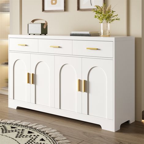Buffet Sideboard - 140x40x83cm - 4 Portes Cintrées 3 Tiroirs Étagères Ajustables Poignées Métal Doré Salon Séjour - Blanc (1/5)