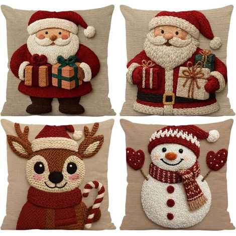 Housses De Coussins De Noël – Lot De 4 Houses De Coussin En Lin 45 X 45 Cm, Taies D'oreiller Imprimées En 3D Avec Fausse Broderie, Housses De Coussin Décoratives De Noël Pour Salon, Chambre À Coucher (1/5)