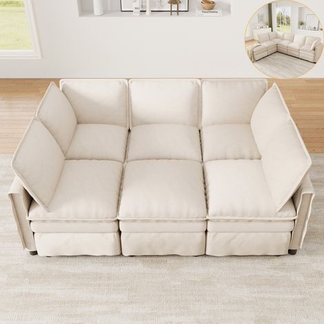 Canapé modulable XXL tissu chenille beige, fonction couchage, configurable U/L, tabouret mobile, salon bureau 344x127x91 cm (1/5)