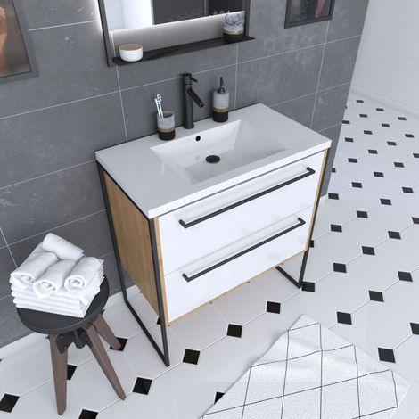 Mueble de baño blanco 80cm + lavabo de resina blanca 80x50 + cajones blanco