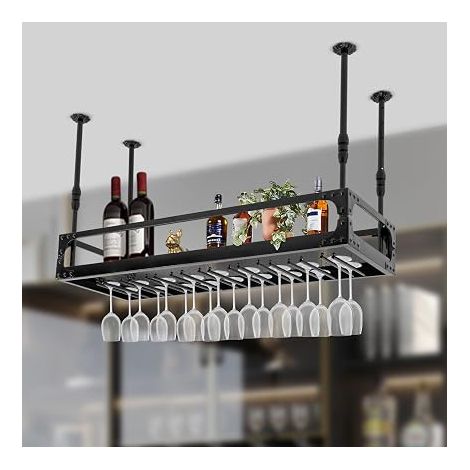 Étagère Plafond - Porte-Bouteilles vin - Rétro - Décoration Fer - Hauteur réglable - Jusqu'à 50 kg - Bar, café, Cuisine - Noir (100 x 35 x 35-55 cm) (1/5)