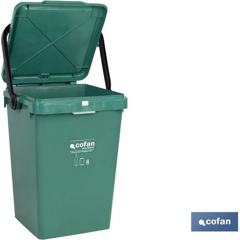 Cofan – Récipient en verre vert 25 l – Matériau 100 % recyclable – Ouverture 270º – Poignée ergonomique – Couvercle empilable – SKU 41003194 (1/3)