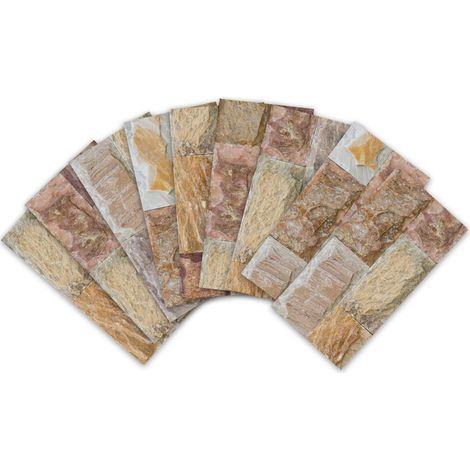 27 Pièces Stickers Carrelage Rectangulaire Auto-adhésif en PVC, Autocollant en Tuile Imperméable Effet 3D, Carreaux Adhésif pour Salle de Bain Cuisine, 20x10cm Pierre Marron (1/5)