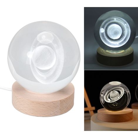 Boule de cristal Saturne 3D illuminée, veilleuse sculptée en bois, décoration de bureau, boule de cristal de 8 cm + base de 7 cm, lumière blanche Saturne (1/5)