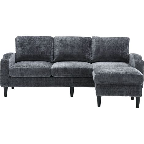 ELVMI Divano 4 Posti con Pouf Contenitore, Portabicchieri e Tasche Laterali, in Ciniglia, Grigio, 196,5 x 75 x 77 cm (1/5)