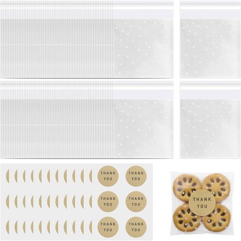 200 Pièces Petits Sacs en Cellophane Autocollants 10 x 10cm Sachet Biscuit Sachets Cellophane Transparent Autocollant avec 36 Sticker pour Boulangerie Chocolat Sucreries Bonbons (Pois Blanc) (1/5)