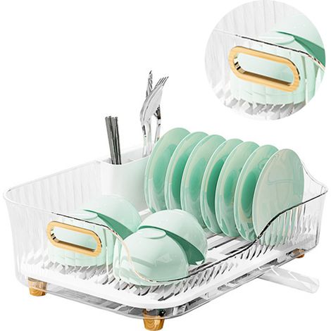 Égouttoir à vaisselle en plastique transparent blanc, visualisant l'écoulement des eaux usées. Égouttoir pour baguettes, bols, assiettes et cuillères. (1/5)