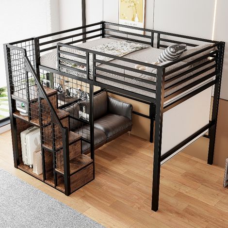 Hochbett 140x200 mit Schrank und Treppe, Jugendbett Metall Schwarz, Kinderbett mit Stauraum und Arbeitsplatz darunter, Belastbarkeit 120kg (1/5)
