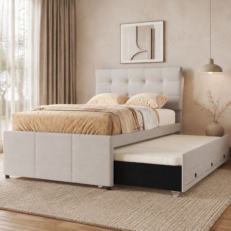 Einzelbett 90x200 cm Beige aus Leinen mit Ausziehbett, 3 Schubladen und höhenverstellbarem Kopfteil (1/5)