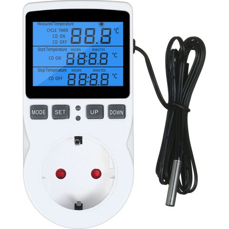Termostato digital con pantalla LCD, toma de corriente, temporizador y sonda para calefacción, aire acondicionado, terrarios, acuarios, reptiles y plántulas de invernadero. (1/5)