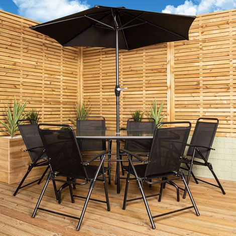 Samuel Alexander Outdoor 6 Seater Glass Top Table and Chairs Patio Set with Parasol in Black (1/5)
