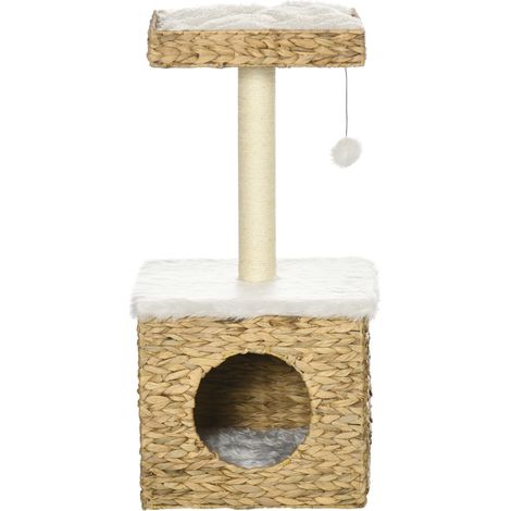 Arbre à chat 2 niveaux avec 1 niche 1 poteau sisal 1 plateforme d'observation et 1 pompon suspendu jacinthe d'eau