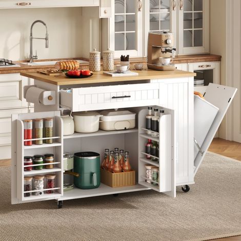 Îlot de cuisine mobile avec plan de travail pliable, chariot, armoire de rangement, armoire à poubelle, étagère au-dessus de la porte, roulettes verrouillables, 130 × 45 (70) × 93 cm. (1/5)