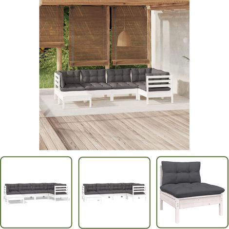 The Living Store Salon de jardin 6 pcs avec coussins blanc bois de pin massif - Salon De Jardin - Mobilier De Jardin - Ensemble Salon De Patio - Meubles De Jardin - Bois De Pin (1/5)