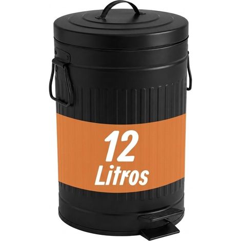 Relaxdays Cubo de basura retro, 12 l, cocina y baño, pedal, cierre suave, cubeta extraíble, metal, negro