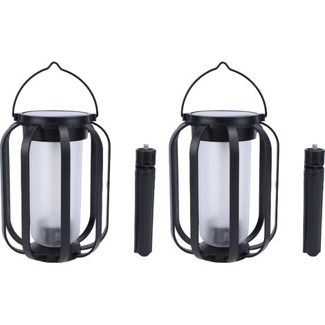 Lot de 2 Lanternes Solaires Extérieures - Effet Flamme & Lumière Fixe, 3 Températures, Étanches IPX4, avec Trépieds, Noires (1/5)
