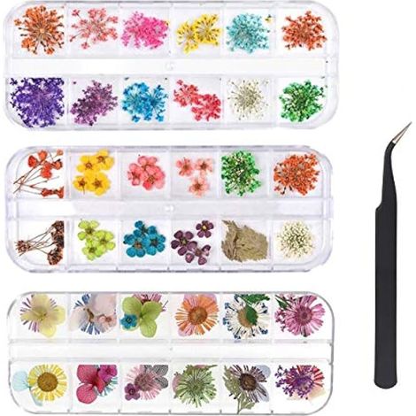 96 pièces fleurs séchées pour ongles, déco 3D ongles fleurs réelles, appliques ongles fleurs séchées, manucure accessoires - avec pince à épiler