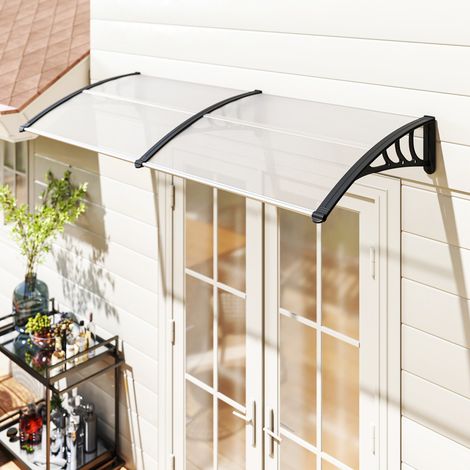 Auvent porte entrée 195×75cm, toit polycarbonate aluminium, protection pluie UV, abri terrasse balcon, transparent