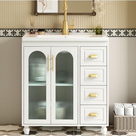 Meuble sous-vasque 80 cm avec vasque en porcelaine, rangement à 4 portes et 3 tiroirs, blanc, MDF, design moderne pour salle de bain – CHICFURN (1/5)