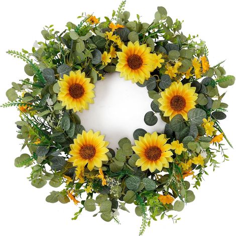 Couronne de porte d'entrée printemps/été : une couronne de tournesols artificiels de 50 cm avec des feuilles d'eucalyptus, qui crée une atmosphère verte et rurale. Convient pour toutes les saisons, à  (1/5)