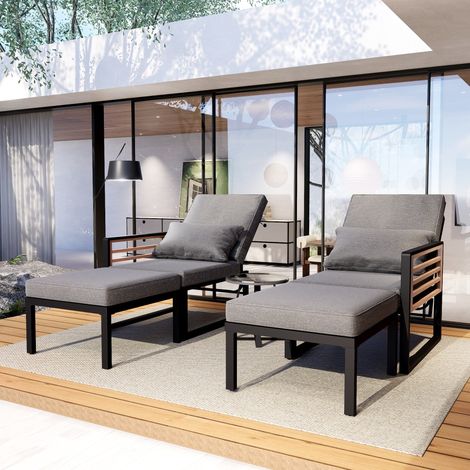 Set di mobili da giardino in metallo grigio, 2 divani modulari con schienale regolabile, 2 pouf e tavolo in vetro (1/5)