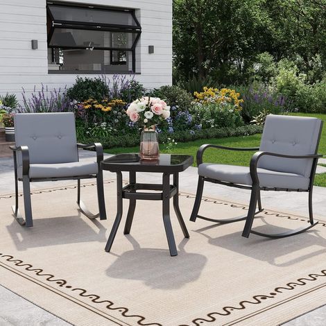 Ensemble extérieur 3 pièces 2 fauteuils à bascule + table vitrée cadre acier coussins balcon jardin (1/5)
