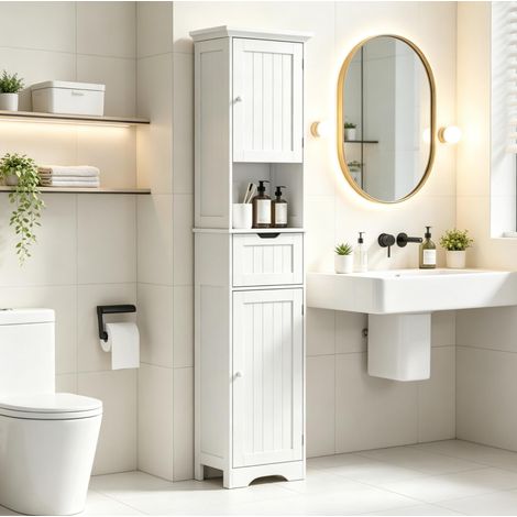 Columna de baño 40x30x170 cm en MDF blanco con LED y almacenaje estrecho - CHICFURN (1/5)