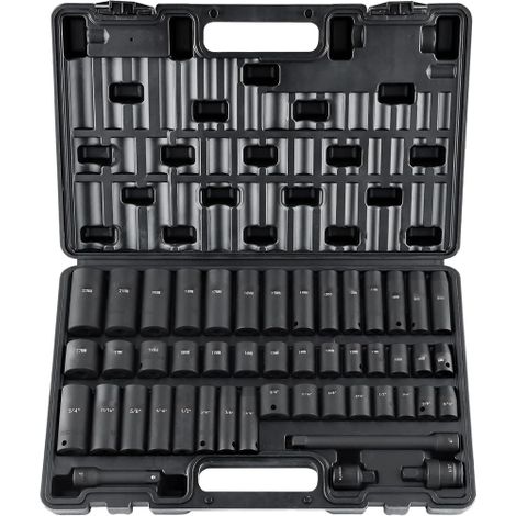 Schlagschrauber Nusskasten 48-tlg 3/8 Zoll, SAE 5/16-3/4 Zoll & metrisch 8-22 mm, 6-Kant Cr-V mit Verlängerung, Kardangelenk, Adapter