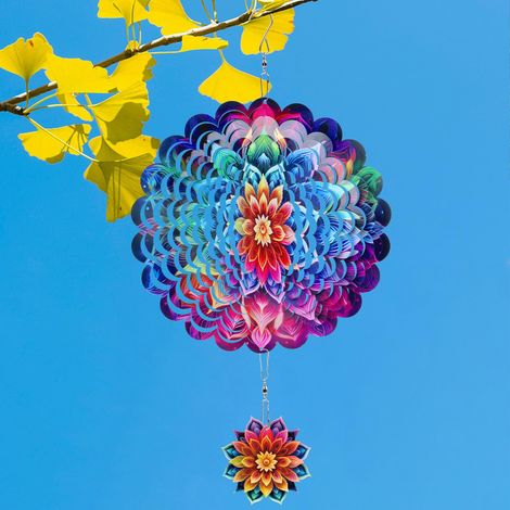 Moulin à vent Mandala — Décoration de jardin, moulin à vent suspendu en métal 3D, ornement de terrasse, décoration suspendue Mandala en acier inoxydable de 12 pouces