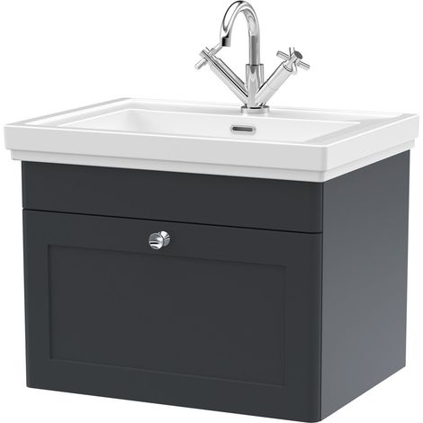 Nuie Classique Wall Hung 1-Drawer Vanity Unit with Basin 600mm Wide Satin Anthracite - 1 Tap Hole (1/5)