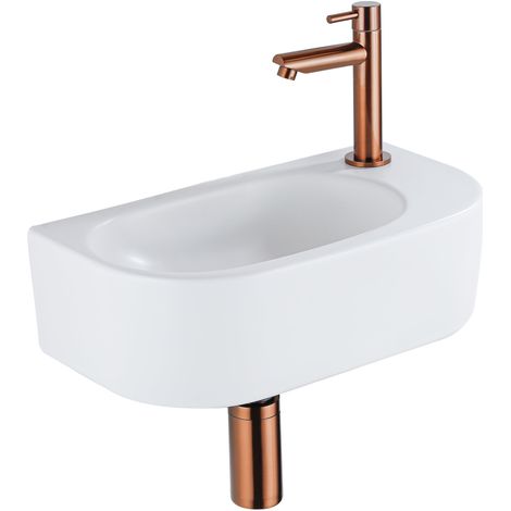 QeramiQ Fuente Ensemble de lavabo - 40x21.5x12cm - droit - lisse - demi-rond - 1 trou de robinet - céramique - robinet de lavabo cuivre brossé -