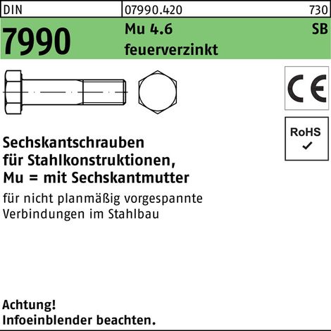 Sechskantschraube DIN 7990 CE m.Sechskantmutter M 16 x 50 4.6 feuerverzinkt (1/2)